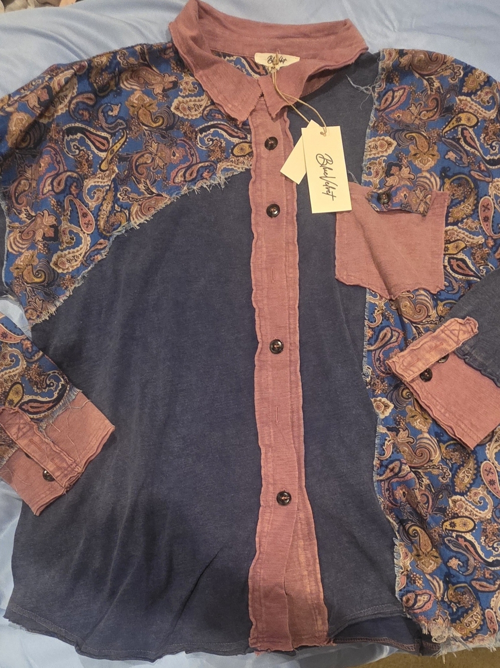 Blue Velvet Blue & Pink Paisley-Panel Button Down Shirt